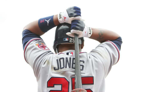 Andruw Jones of the Atlanta Braves waits to bat against the Giants in 2006. (Photo by Jed Jacobsohn/Getty Images)