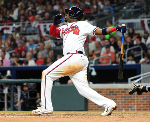 ATLANTA, GA – APRIL 15: Adonis Garcia #13 of the Atlanta Braves hits a sixth inning solo home run against the San Diego Padres at SunTrust Park on April 14, 2017 in Atlanta, Georgia. All players are wearing #42 in honor of Jackie Robinson Day. (Photo by Scott Cunningham/Getty Images)