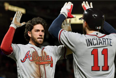 SAN FRANCISCO, CA – MAY 26: Dansby Swanson #7 and Ender Inciarte #11 of the Atlanta Braves celebrates after Swanson scored against the San Francisco Giants in the top of the seventh inning at AT&T Park on May 26, 2017 in San Francisco, California. (Photo by Thearon W. Henderson/Getty Images)