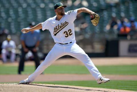 OAKLAND, CA – JUNE 22: Jesse Hahn #32 of the Oakland Athletics pitches against the Houston Astros in the top of the first inning at Oakland Alameda Coliseum on June 22, 2017 in Oakland, California. (Photo by Thearon W. Henderson/Getty Images)