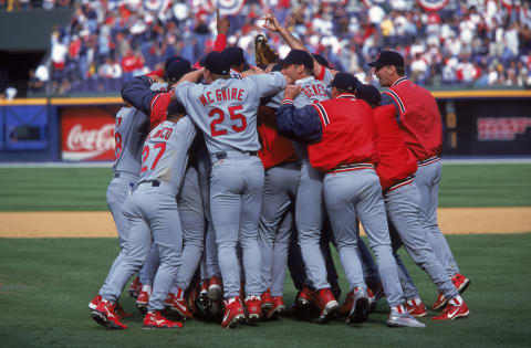 8 Oct 2000: A view of the St. Louis Cardinals celebrating their victory at the National Leage Division Series game against the Atlanta Braves at Turner Field in Atlanta, Georgia. The Cardinals defeated the Braves 7-1.Mandatory Credit: Otto Greule Jr. /Allsport