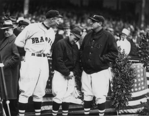 Boston Braves outfielder Babe Ruth jokes with teammates Wally Berger (left) and Rabbit Maranville at Braves Field in Boston in 1935. (Photo by Mark Rucker/Transcendental Graphics, Getty Images)