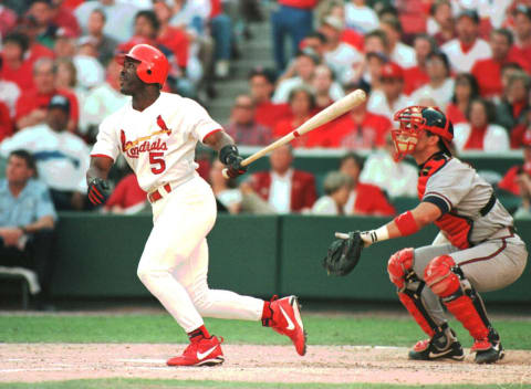 12 Oct 1996: Outfielder Ron Gant of the St Louis Cardinals stares out into the outfield as he watches his home run sail over the wall in the sixth inning during the Cardinals 3-2 victory over the Atlanta Braves in game 3 of the National League Championshi