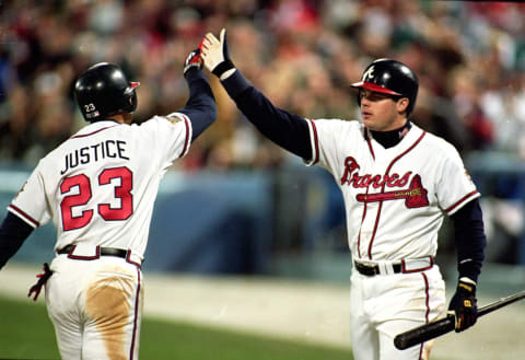 28 Oct 1995: David Justice #23 of the Atlanta Braves celebrates with Ryan Klesko during game six of the World Series against the Cleveland Indians at the Fulton County Stadium in Atlanta, Georgia. The Braves defeated the Indians 1-0. Mandatory Credit: Rick Stewart /Allsport