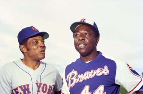 1973 All-Stars: Willie Mays with Hank Aaron of the Atlanta Braves. (Photo by John Vawter Collection/Diamond Images/Getty Images)