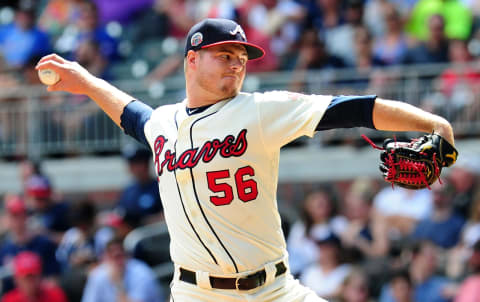 ATLANTA, GA – JUNE 25: Jason Hurssh #56 of the Atlanta Braves throws an eighth inning pitch against the Milwaukee Brewers at SunTrust Park on June 25, 2017 in Atlanta, Georgia. (Photo by Scott Cunningham/Getty Images)