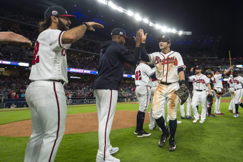 Chase d’Arnaud #23 of the Atlanta Braves is congratulated on April 15, 2017. (Photo by Patrick Duffy/Beam Imagination/Atlanta Braves/Getty Images)