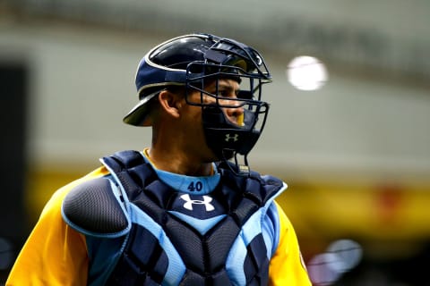 ST. PETERSBURG, FL – AUGUST 12: Catcher Wilson Ramos #40 of the Tampa Bay Rays makes his way to the dugout following the top of the first inning of a game against the Cleveland Indians on August 12, 2017 at Tropicana Field in St. Petersburg, Florida. (Photo by Brian Blanco/Getty Images)