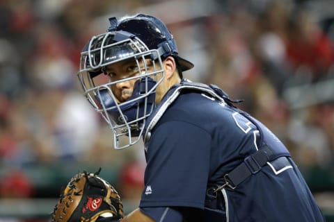 WASHINGTON, DC – SEPTEMBER 14: Catcher Kurt Suzuki #24 of the Atlanta Braves looks on against the Washington Nationals in the second inning at Nationals Park on September 14, 2017 in Washington, DC. (Photo by Rob Carr/Getty Images)