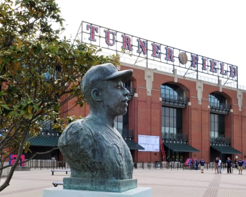 ATLANTA – APRIL 10, 2009: A bust of Hall of Famer Hank Aaron greets fans in a plaza outside Turner Field as the Atlanta Braves play against the Washington Nationals. (Photo by Al Messerschmidt/Getty Images)