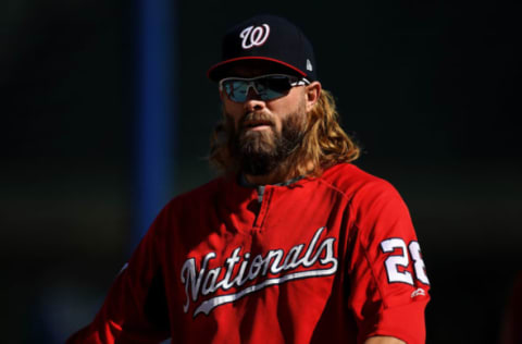 CHICAGO, IL – OCTOBER 09: Jayson Werth #28 of the Washington Nationals warms up before game three of the National League Division Series against the Chicago Cubs at Wrigley Field on October 9, 2017 in Chicago, Illinois. (Photo by Stacy Revere/Getty Images)