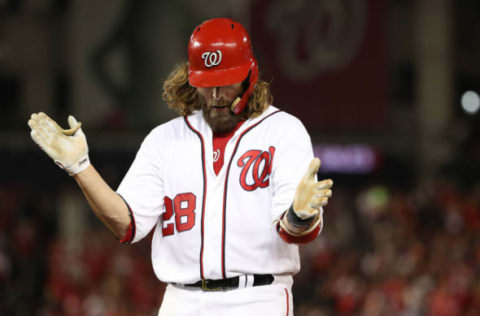 WASHINGTON, DC – OCTOBER 12: Jayson Werth #28 of the Washington Nationals celebrates after hitting a single against the Chicago Cubs during the fourth inning in game five of the National League Division Series at Nationals Park on October 12, 2017 in Washington, DC. (Photo by Patrick Smith/Getty Images)