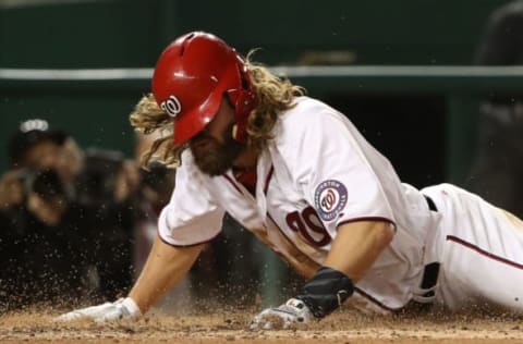 WASHINGTON, DC – OCTOBER 12: Jayson Werth #28 of the Washington Nationals slides safely into home against the Chicago Cubs during the sixth inning in game five of the National League Division Series at Nationals Park on October 12, 2017 in Washington, DC. (Photo by Patrick Smith/Getty Images)