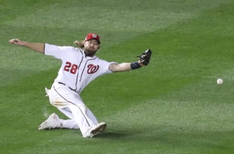 WASHINGTON, DC – OCTOBER 12:Jayson Werth #28 of the Washington Nationals commits an error allowing a run to score against the Chicago Cubs during the sixth inning in game five of the National League Division Series at Nationals Park on October 12, 2017 in Washington, DC. (Photo by Rob Carr/Getty Images)
