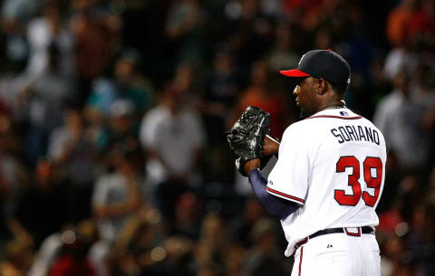 ATLANTA – AUGUST 22: Closing pitcher Rafael Soriano #39 of the Atlanta Braves pitches in the ninth inning against the Florida Marlins on August 22, 2009 at Turner Field in Atlanta, Georgia. (Photo by Kevin C. Cox/Getty Images)