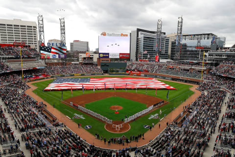 ATLANTA, GA – MARCH 29: A general view of SunTrust Park during the National Anthem prior to the game between the Atlanta Braves and the Philadelphia Phillies on March 29, 2018 in Atlanta, Georgia. (Photo by Kevin C. Cox/Getty Images)