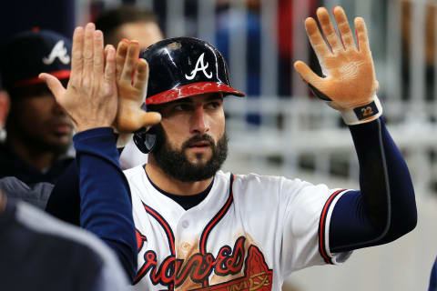 Atlanta Braves OF Nick Markakis after scoring on a sac fly. (Photo by Daniel Shirey/Getty Images)