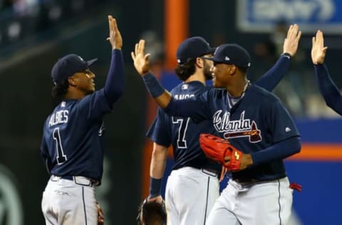 NEW YORK, NY – MAY 01: Ozzie Albies #1 and Ronald Acuna Jr. #13 of the Atlanta Braves celebrate after defeating the New York Mets 3-2 at Citi Field on May 1, 2018 in the Flushing neighborhood of the Queens borough of New York City. (Photo by Mike Stobe/Getty Images)