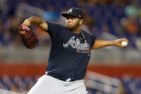 MIAMI, FL – MAY 10: Luiz Gohara #53 of the Atlanta Braves delivers a pitch in the ninth inning against the Miami Marlins at Marlins Park on May 10, 2018 in Miami, Florida. (Photo by Michael Reaves/Getty Images)