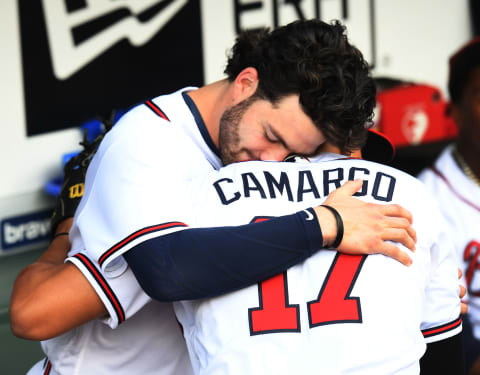 ATLANTA, GA. – MAY 19: Dansby Swanson #7 and Johan Camargo #17 of the Atlanta Braves embrace before the game against the Miami Marlins at SunTrust Field on May 19, 2018 in Atlanta, Georgia. (Photo by Scott Cunningham/Getty Images)