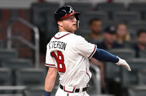 ATLANTA, GA. – MAY 28: Dustin Peterson #18 of the Atlanta Braves fouls off a pitch during his first MLB at-bat in the ninth inning against the New York Mets at SunTrust Field on May 28, 2018 in Atlanta, Georgia. (Photo by Scott Cunningham/Getty Images)