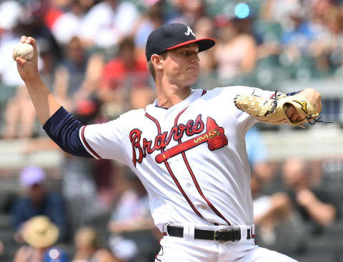 ATLANTA, GA. – JUNE 13: Mike  Soroka #40 of the Atlanta Braves throws a first inning pitch against the New York Mets at SunTrust Field on June 13, 2018 in Atlanta, Georgia. (Photo by Scott Cunningham/Getty Images)