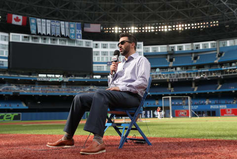 General manager Alex Anthopoulos of the Atlanta Braves does an interview with Sportsnet in 2018. (Photo by Tom Szczerbowski/Getty Images)