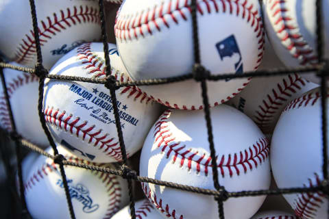 KANSAS CITY, MO – JULY 02: Baseballs on the field before the game between the Cleveland Indians and the Kansas City Royals at Kauffman Stadium on July 2, 2018 in Kansas City, Missouri. (Photo by Brian Davidson/Getty Images)