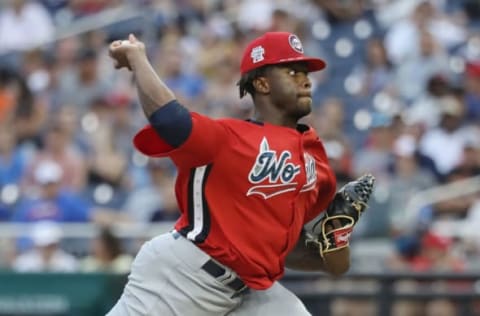 WASHINGTON, DC – JULY 15: Touki Toussaint #25 of the Atlanta Braves and the World Team pitches in the eighth inning against the U.S. Team during the SiriusXM All-Star Futures Game at Nationals Park on July 15, 2018 in Washington, DC. (Photo by Rob Carr/Getty Images)