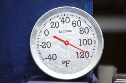 ATLANTA, GA – JULY 15: A thermometer sits by the Arizona Diamondbacks dugout prior to the first inning of an MLB game against the Atlanta Braves at SunTrust Park on July 15, 2018 in Atlanta, Georgia. (Photo by Todd Kirkland/Getty Images)