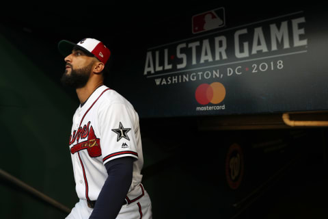 WASHINGTON, DC – JULY 17: Nick Markakis #22 of the Atlanta Braves and the National League walks out of the dugout during the 89th MLB All-Star Game, presented by Mastercard at Nationals Park on July 17, 2018 in Washington, DC. (Photo by Patrick Smith/Getty Images)