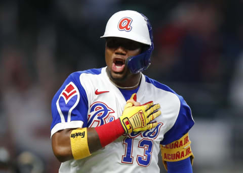 Atlanta Braves right fielder Ronald Acuna Jr. is tied for the league lead in home runs, but his team continues to struggle. (Photo by Todd Kirkland/Getty Images)