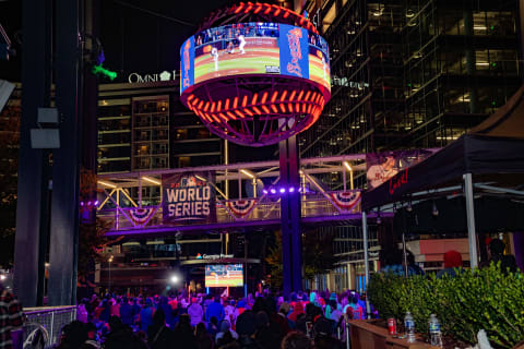 Braves fans watch Game 5 of the World Series. (Photo by Megan Varner/Getty Images)