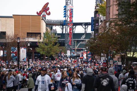 Atlanta Braves fans gather during the World Series. (Photo by Megan Varner/Getty Images)