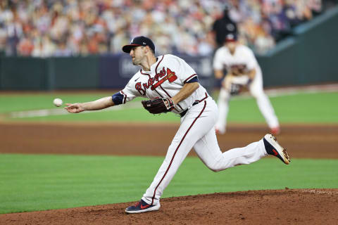 Darren O’Day #56 of the Atlanta Braves. (Photo by Elsa/Getty Images)