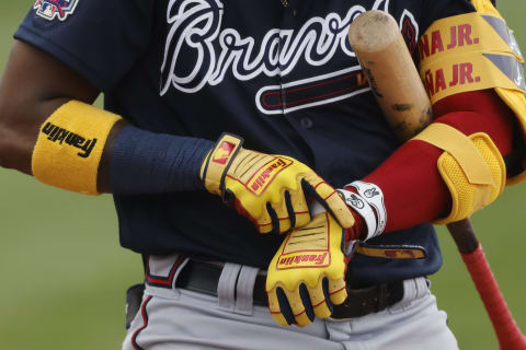 Atlanta Braves Franklin batting gloves. (Photo by Michael Reaves/Getty Images)