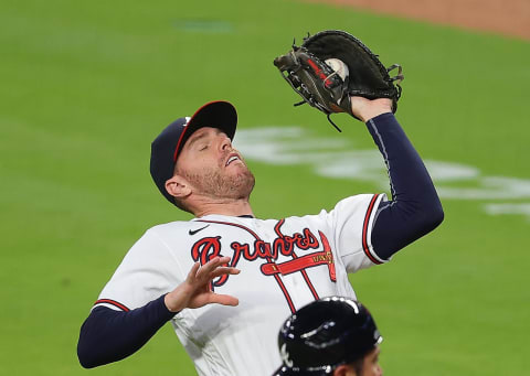 Freddie Freeman #5 of the Atlanta Braves catches this pop fly by Willson Contreras. (Photo by Kevin C. Cox/Getty Images)