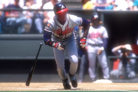 Deion Sanders #24 of the Atlanta Braves.. (Photo by Mitchell Layton/Getty Images)