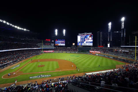 A view of Truist Park during the third inning in Game Three of the World Series. (Photo by Michael Zarrilli/Getty Images)