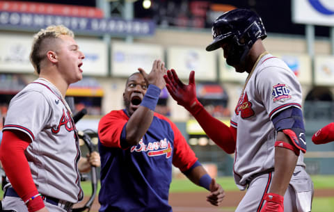 Jorge Soler of the Atlanta Braves is congratulated after hitting a three-run home run against the Houston Astros. (Photo by Carmen Mandato/Getty Images)