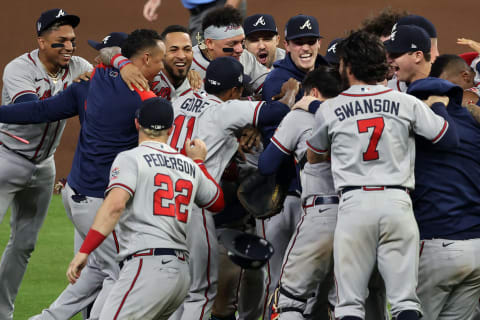 The Atlanta Braves celebrate their 7-0 victory against the Houston Astros in Game Six to win the 2021 World Series. (Photo by Bob Levey/Getty Images)