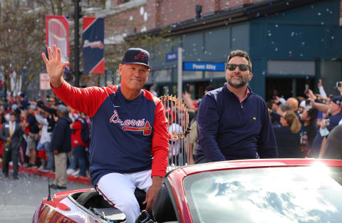 The odd couple: Atlanta Braves Manager Brian Snitker and President of Baseball Operation General Manager Alex Anthopoulos on Opening Day 2022. (Photo by Kevin C. Cox/Getty Images)