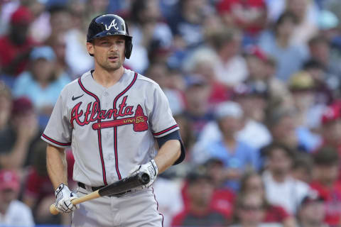 Phil Gosselin #15 of the Atlanta Braves looks on against the Philadelphia Phillies. (Photo by Mitchell Leff/Getty Images)