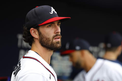 Dansby Swanson of the Atlanta Braves looks on prior to the game against the Colorado Rockies. (Photo by Todd Kirkland/Getty Images)