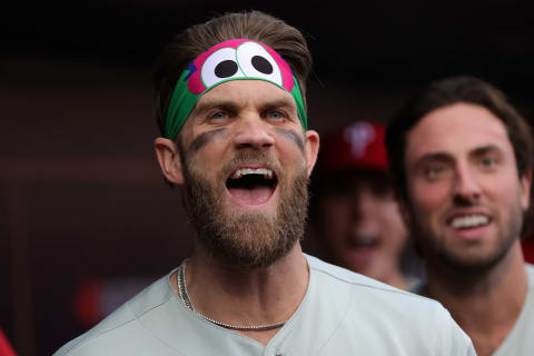 Bryce Harper #3 of the Philadelphia Phillies will be one of his team’s X Factors against the Atlanta Braves this week. (Photo by Stacy Revere/Getty Images)