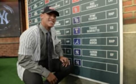 SECAUCUS, NJ – JUNE 06 : New York Yankees draftee Aaron Judge poses near the draft board at the 2013 MLB First-Year Player Draft at the MLB Network on June 6, 2013 in Secaucus, New Jersey. (Photo by Jeff Zelevansky/Getty Images)