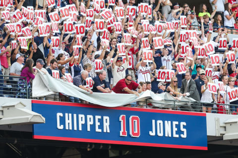 The retired number of Chipper Jones #10 of the Atlanta Braves. (Photo by Daniel Shirey/Getty Images)