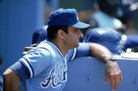 Atlanta Braves manager Joe Torre looks on during a 1984 season game. Torre managed the Braves from 1982-84. (Photo by Rich Pilling/MLB Photos via Getty Images)
