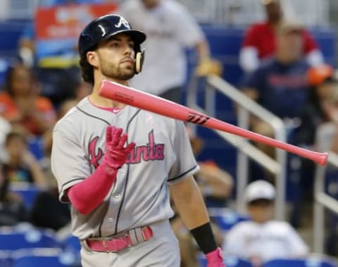 MIAMI, FL – MAY 13: Dansby Swanson #7 of the Atlanta Braves flips his bat as he struck out in the second inning against the Miami Marlins at Marlins Park on May 13, 2017 in Miami, Florida. Players are wearing pink to celebrate Mother’s Day weekend and support breast cancer awareness (Photo by Joe Skipper/Getty Images)