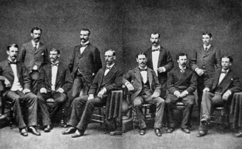 Atlanta Braves forerunners, the Boston Red Stockings Base Ball Club of 1875. Albert Spalding, far left, Jim O’Rourke, third from right, and George Wright, far right, are the stars of the team. (Photo by Mark Rucker/Transcendental Graphics, Getty Images)